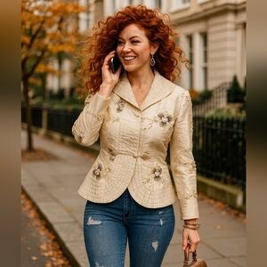 Vintage, Handmade, Elegant Cream Floral Women's Jacket, Embroided, Size Small.